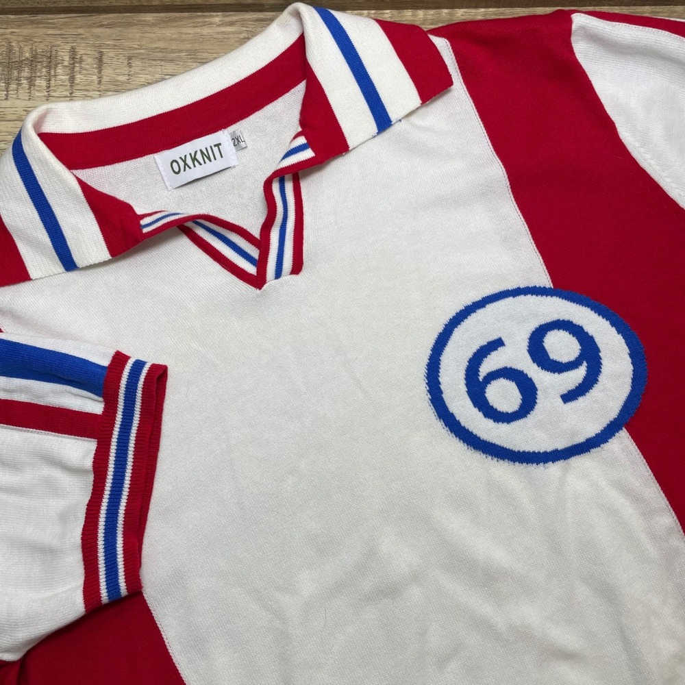 OXKNIT Men 2XL Red White Blue Colorblock Johnny Collar Polo Shirt 69 Graphic
